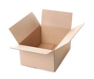 Photo of Open cardboard box on white background