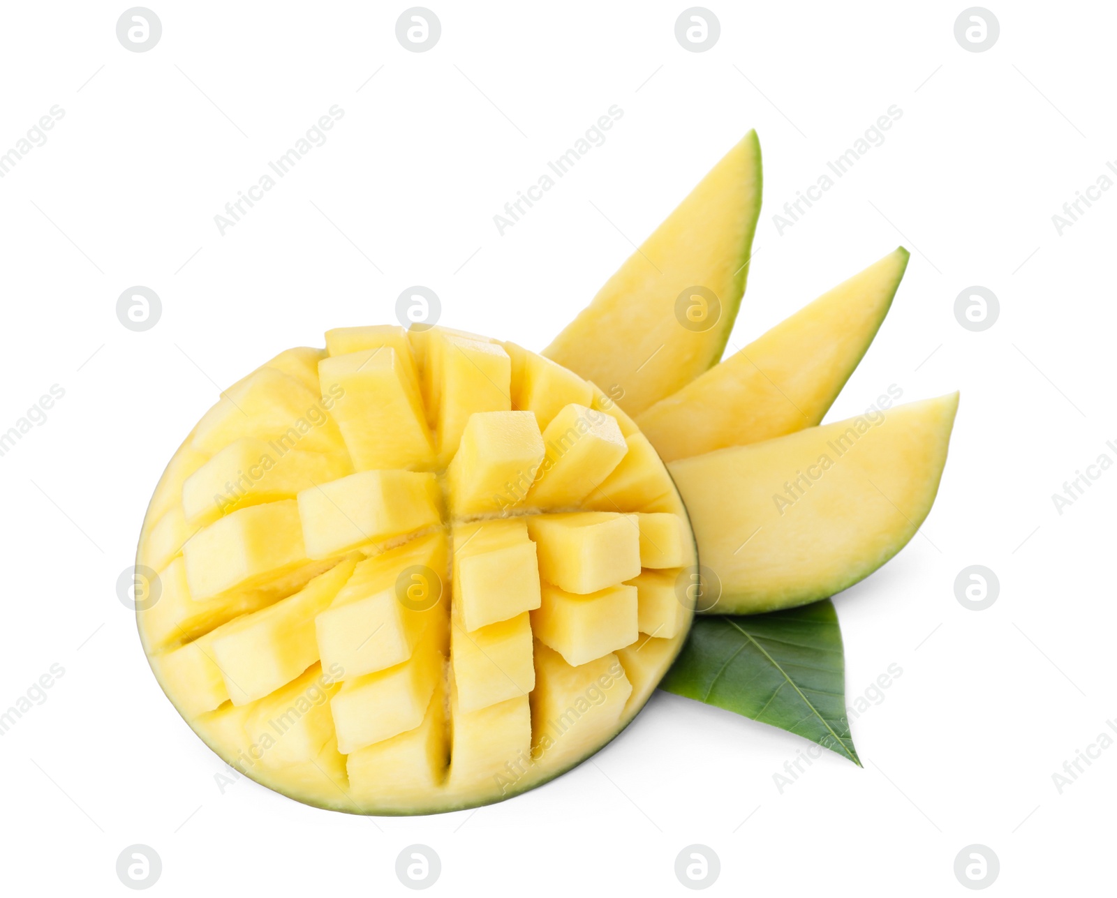 Photo of Delicious ripe mango cut into cubes and slices isolated on white