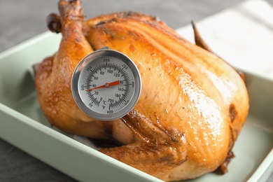 Photo of Roasted turkey with meat thermometer in baking dish on table