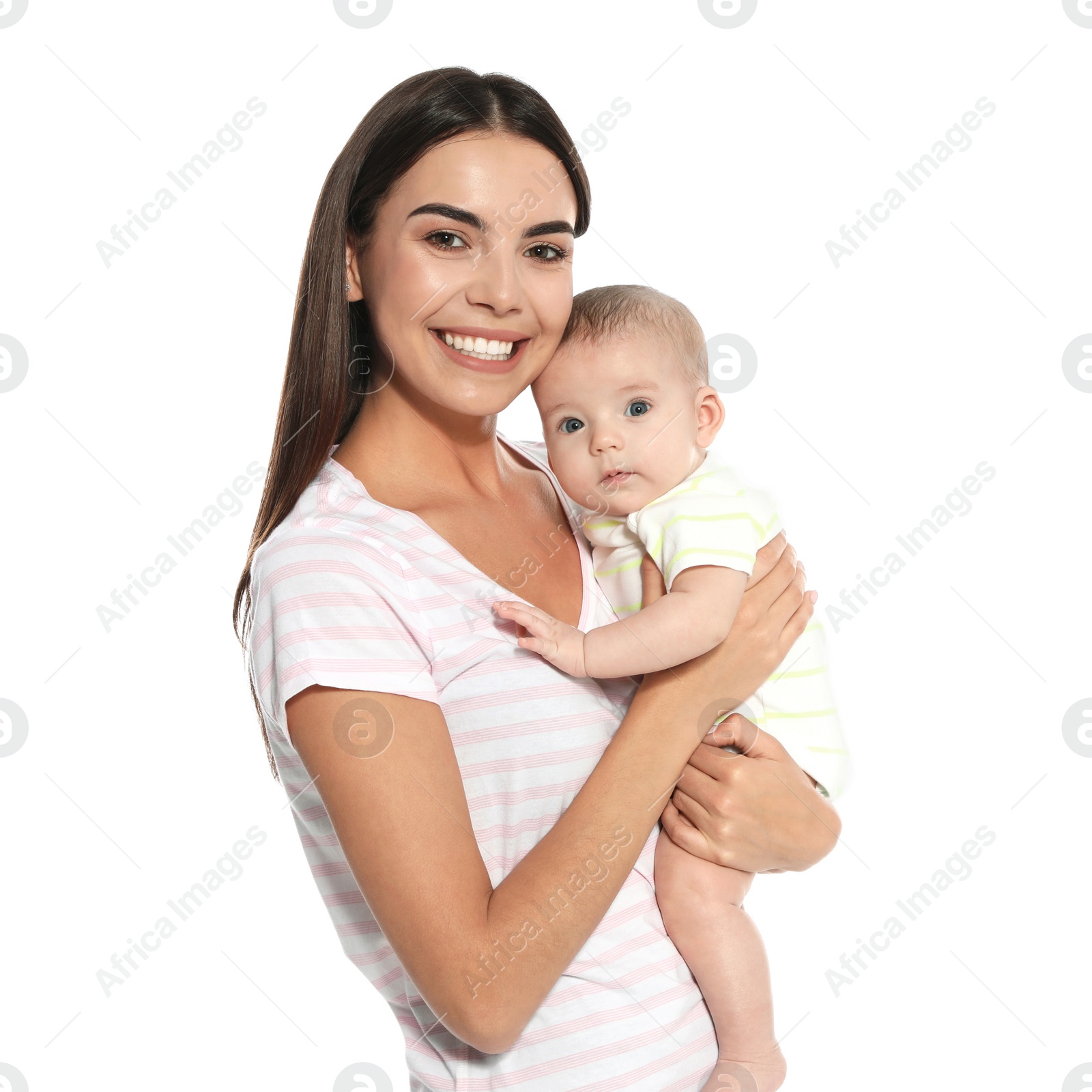 Photo of Portrait of happy mother with her baby isolated on white