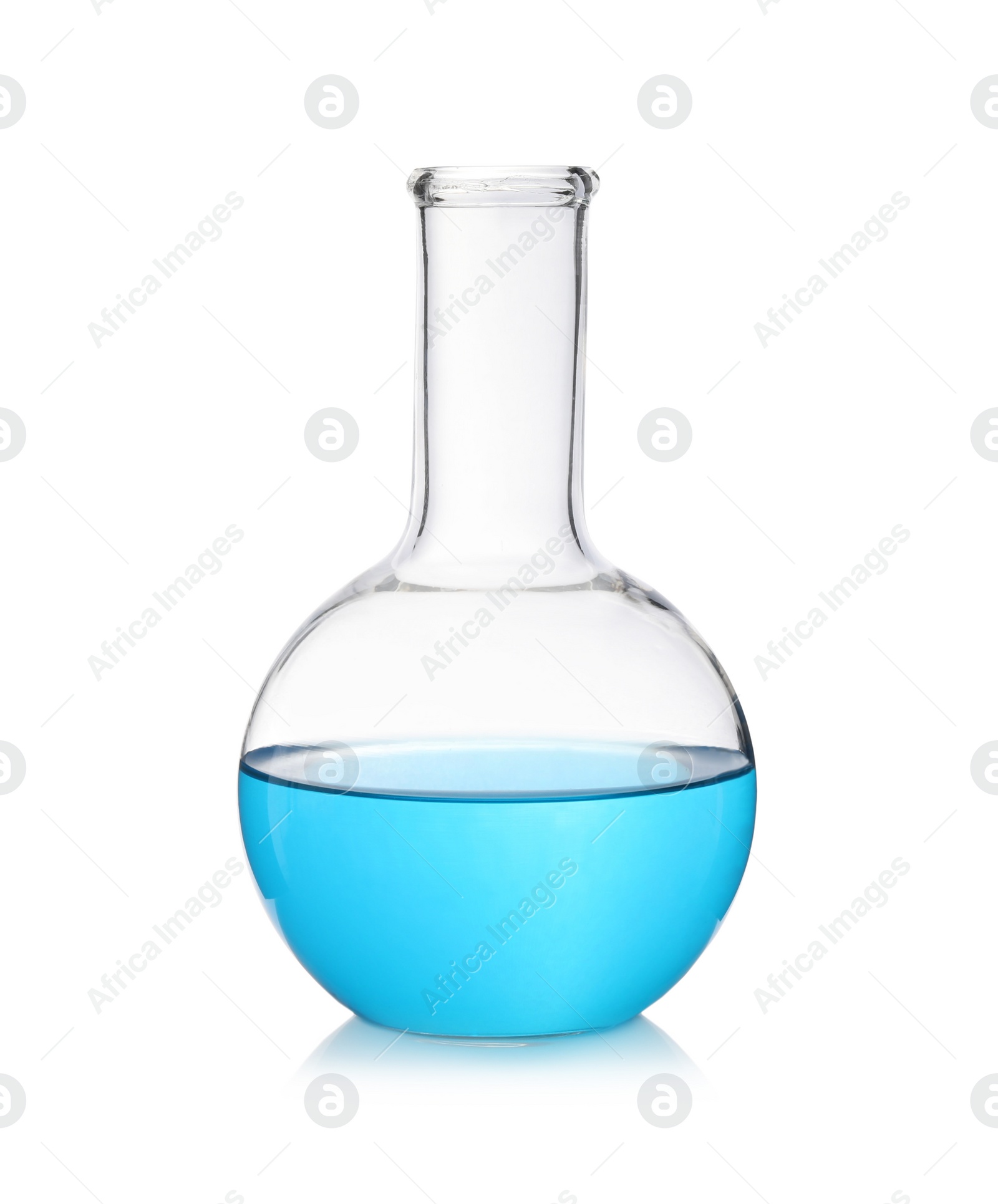 Photo of Laboratory flask with light blue liquid isolated on white