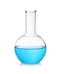 Photo of Laboratory flask with light blue liquid isolated on white