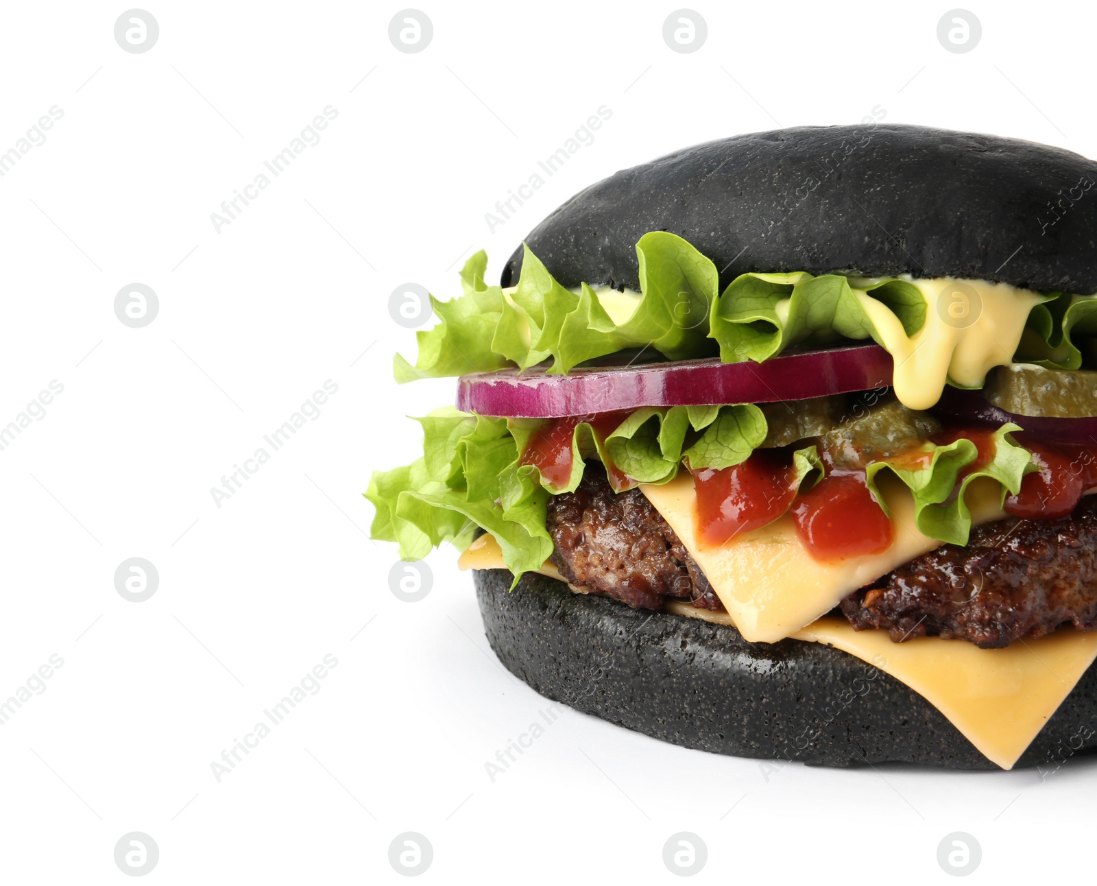 Photo of Tasty unusual black burger isolated on white