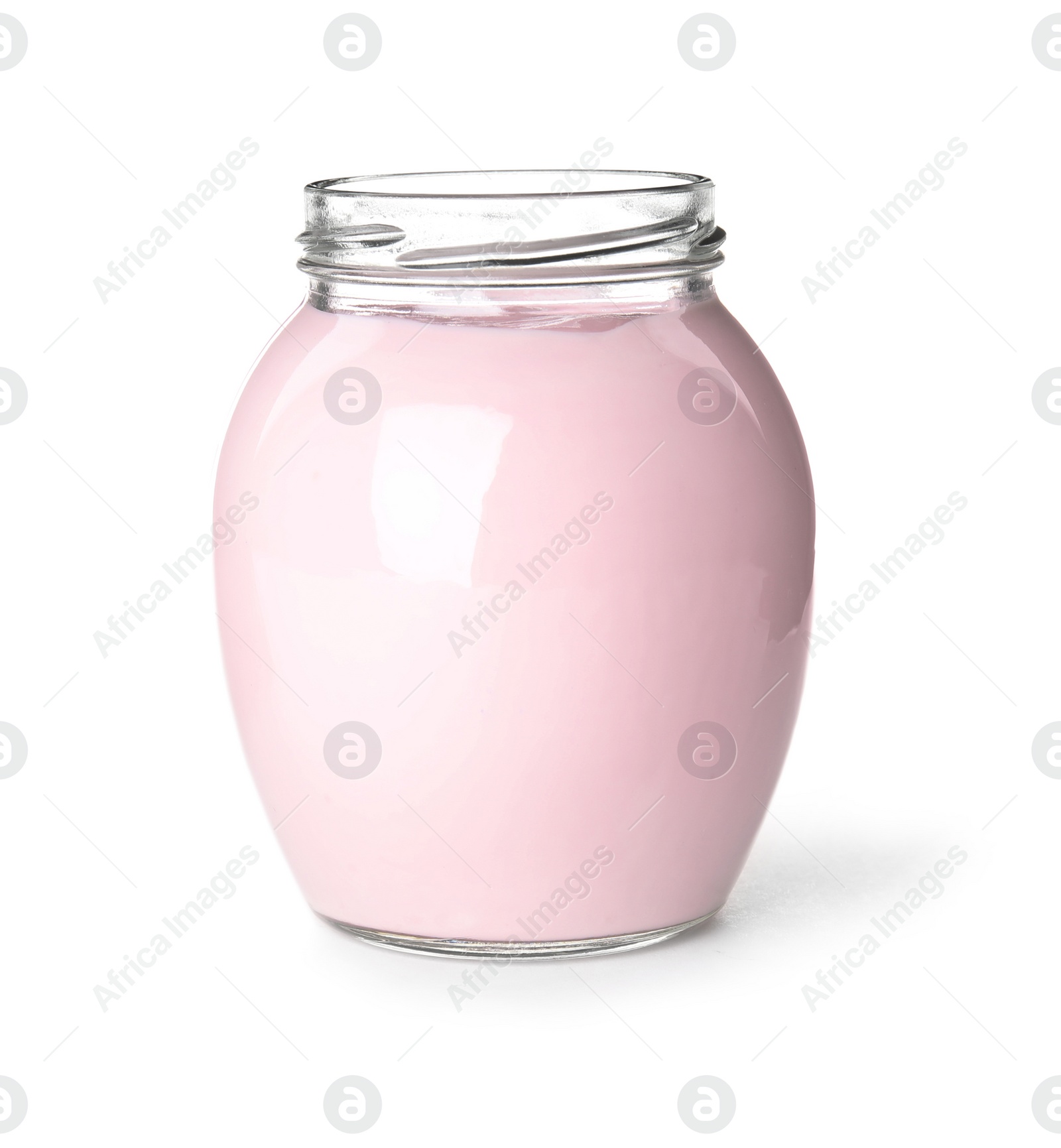Photo of Glass jar with creamy yogurt on white background