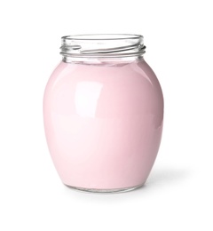 Photo of Glass jar with creamy yogurt on white background