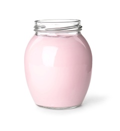 Glass jar with creamy yogurt on white background