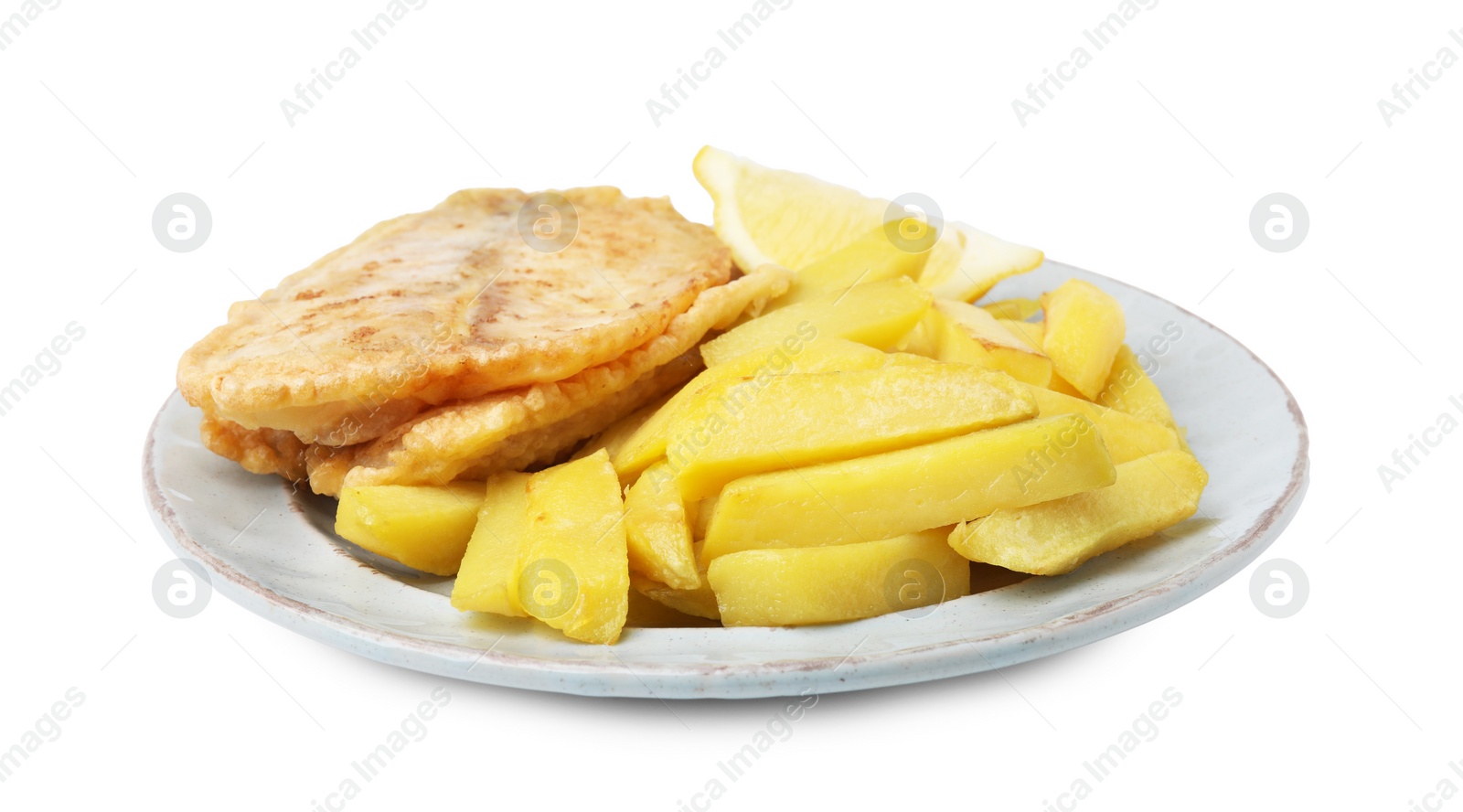 Photo of Delicious fish and chips with lemon wedge isolated on white