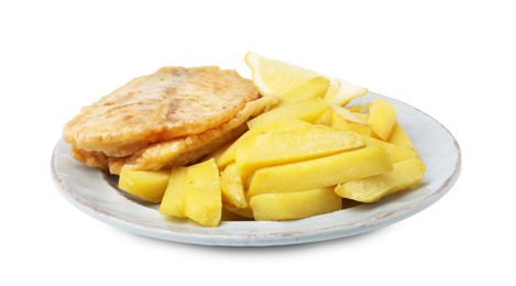 Photo of Delicious fish and chips with lemon wedge isolated on white