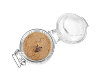 Photo of Glass jar with delicious liver pate on white background, top view