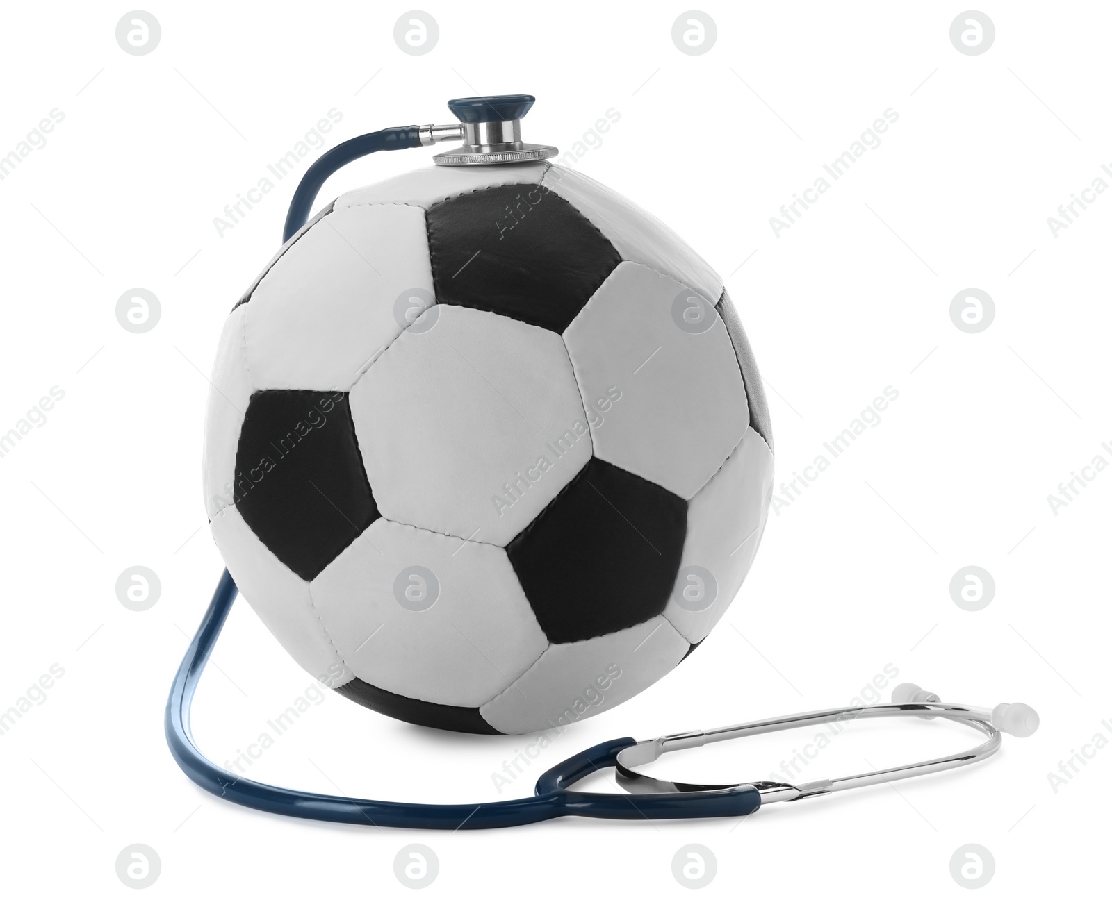 Photo of Soccer ball and stethoscope on white background. Doping concept