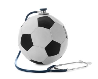 Photo of Soccer ball and stethoscope on white background. Doping concept