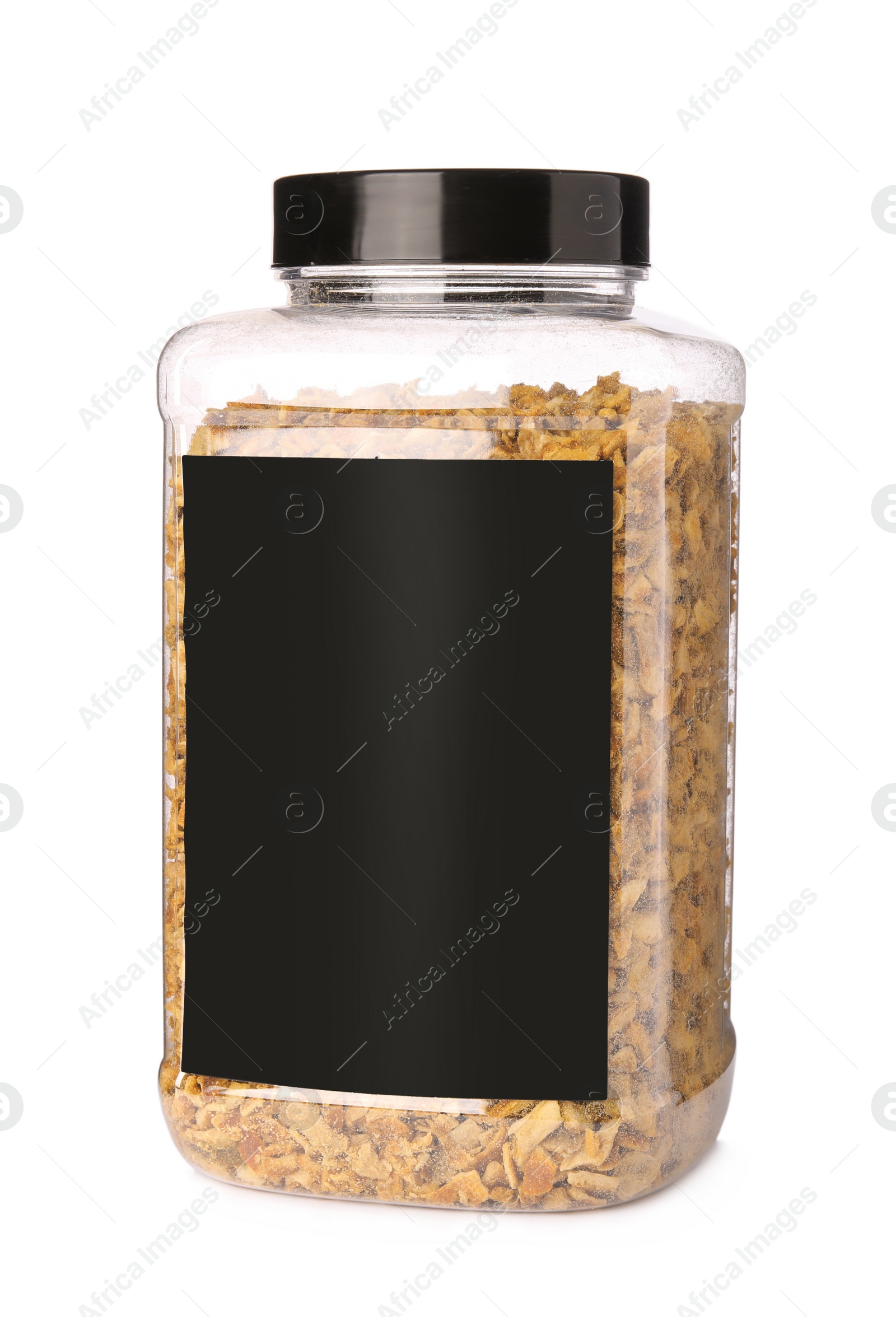 Photo of Dried orange zest seasoning in jar isolated on white