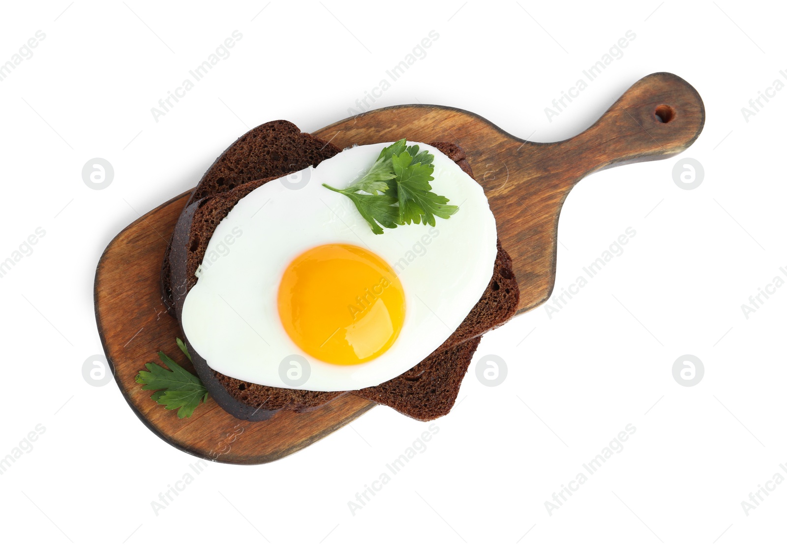 Photo of Tasty fried egg with parsley and rye bread isolated on white, top view