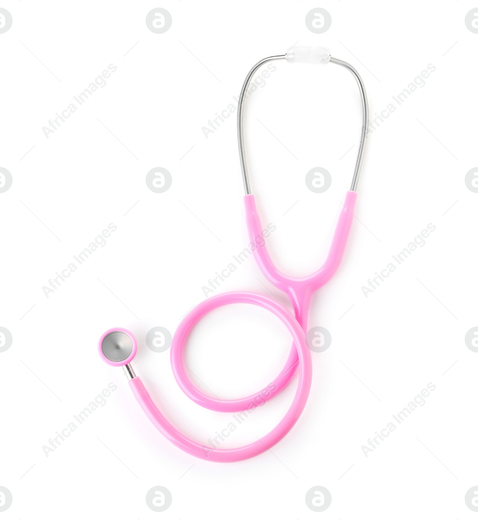 Photo of Stethoscope on white background, top view. Medical device