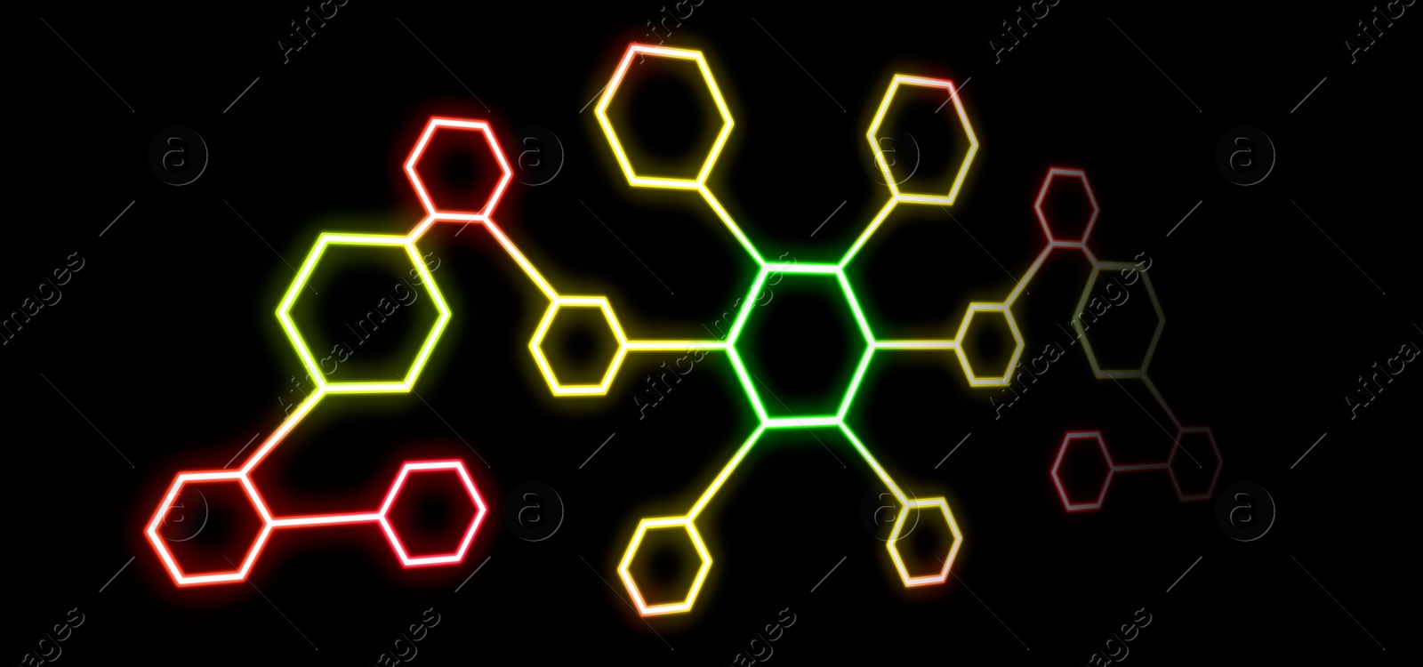 Image of Scheme with hexagons on black background, illustration. Banner design