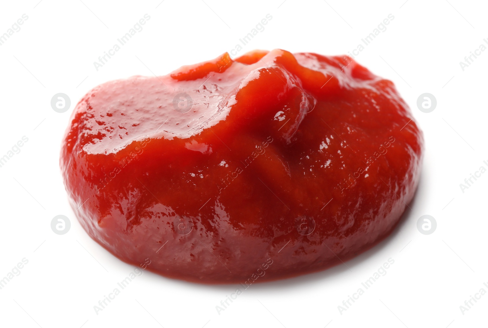 Photo of Fresh tasty red ketchup isolated on white, closeup