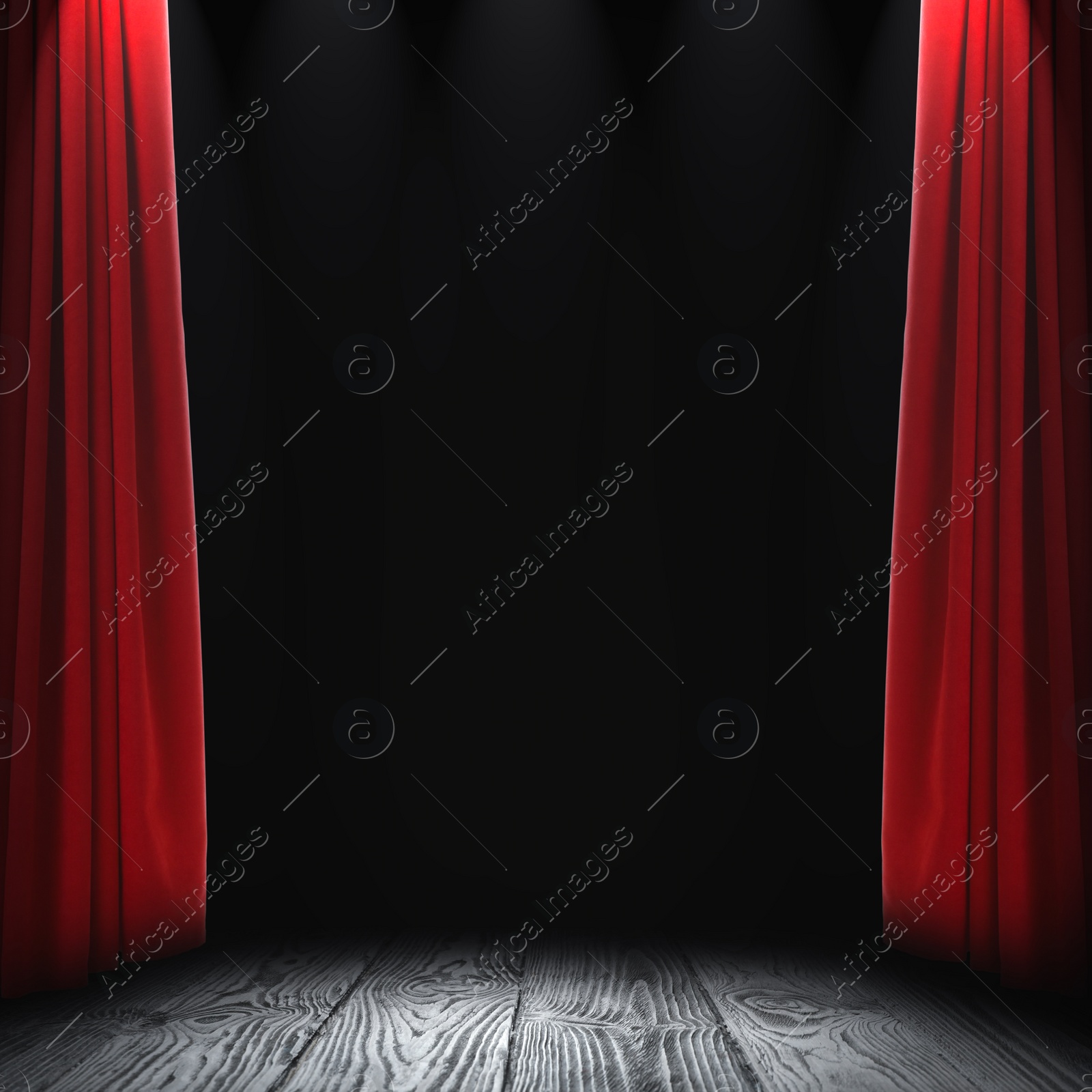 Image of Empty wooden stage and open red curtains