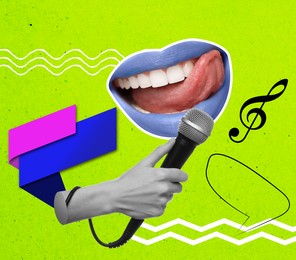 Stylish singer's performance poster. Creative collage lips and microphone on bright background