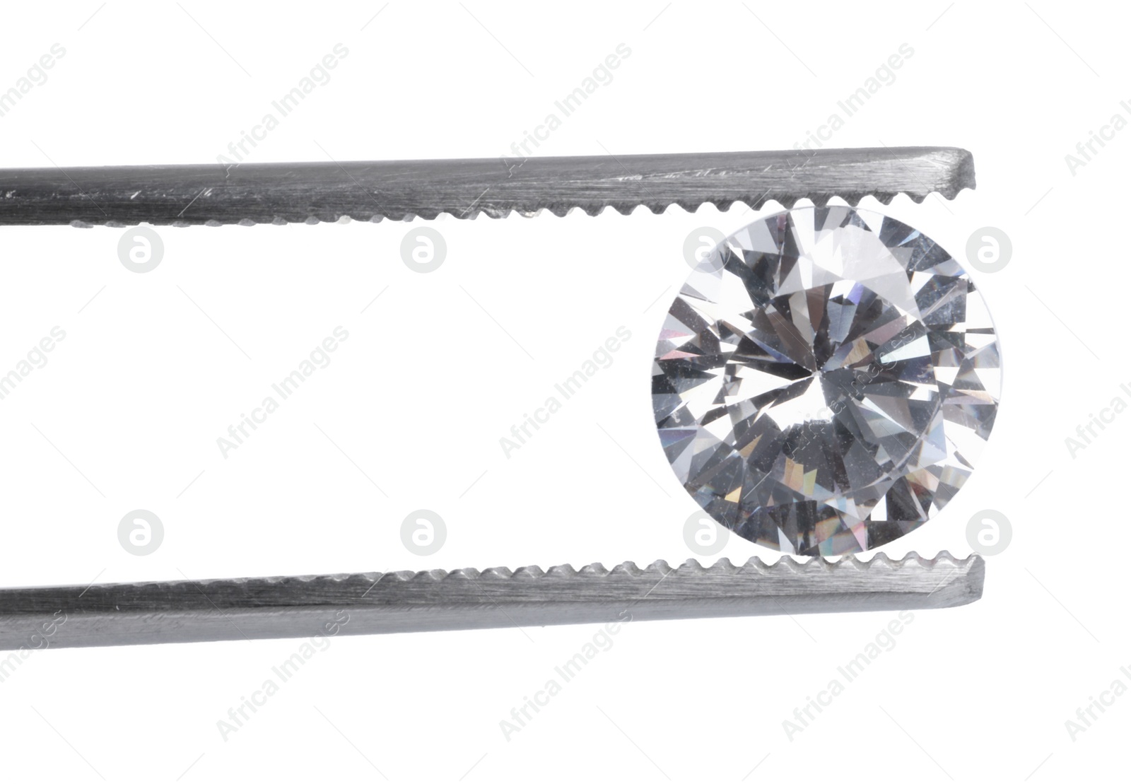 Photo of Tweezers with beautiful shiny diamond isolated on white