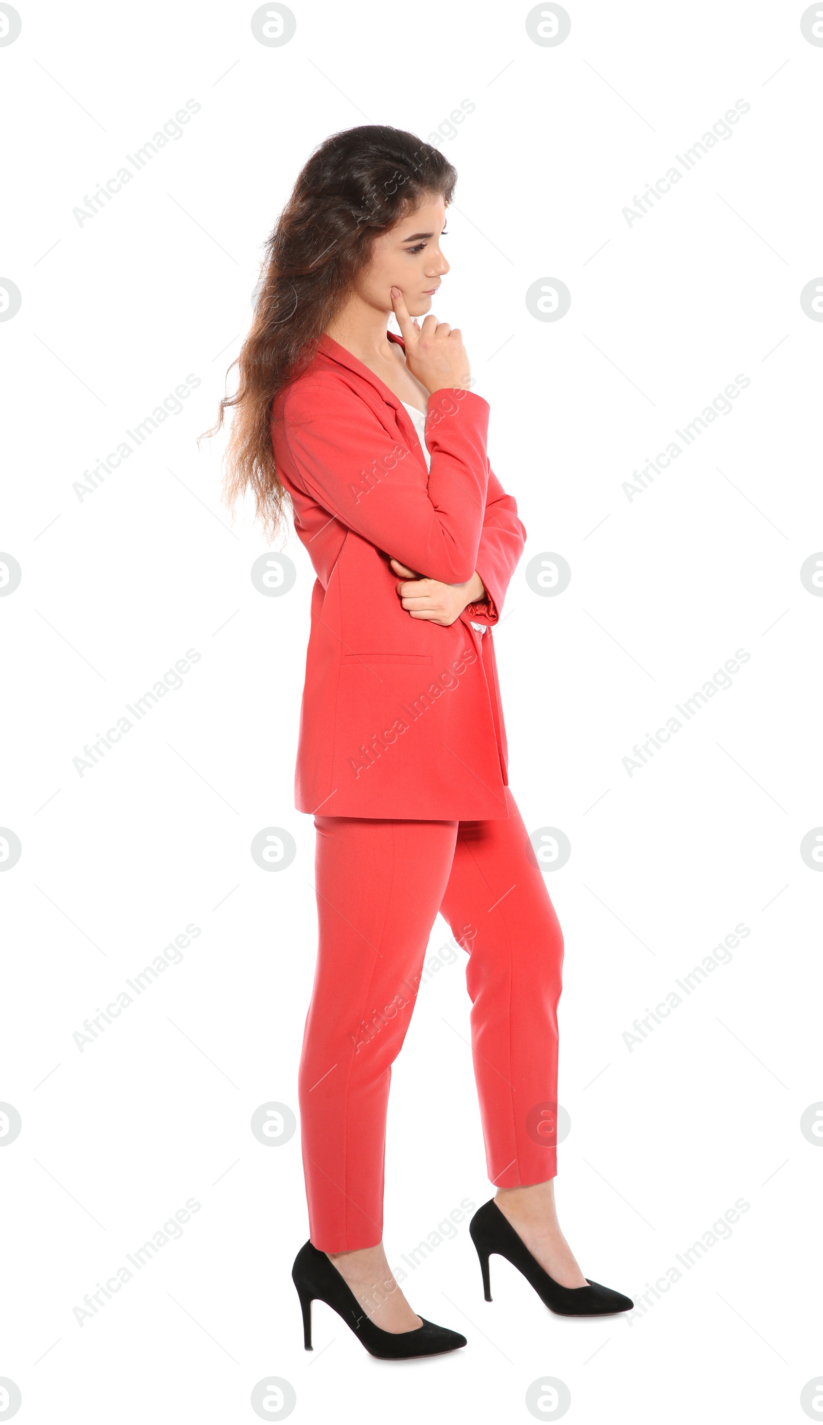 Photo of Beautiful young woman in stylish suit on white background