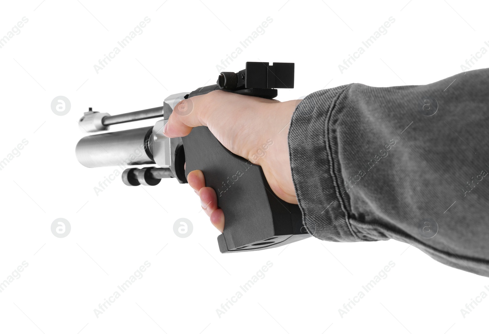 Photo of Gun shooting sport. Man aiming standard pistol on white background, closeup