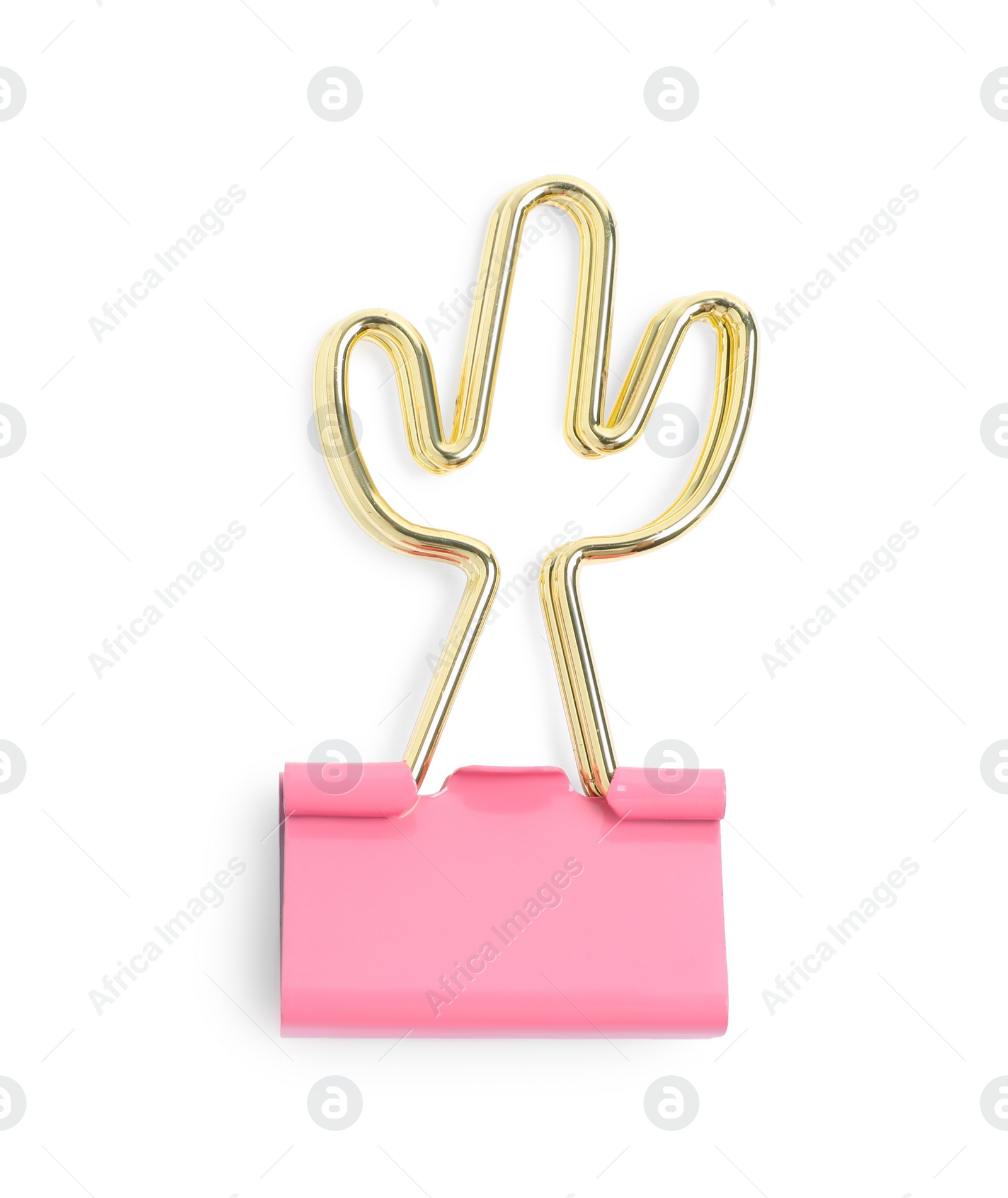 Photo of Cactus shaped binder clip isolated on white. Stationery item