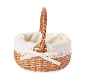 Photo of New Easter wicker basket with decorative fabric isolated on white