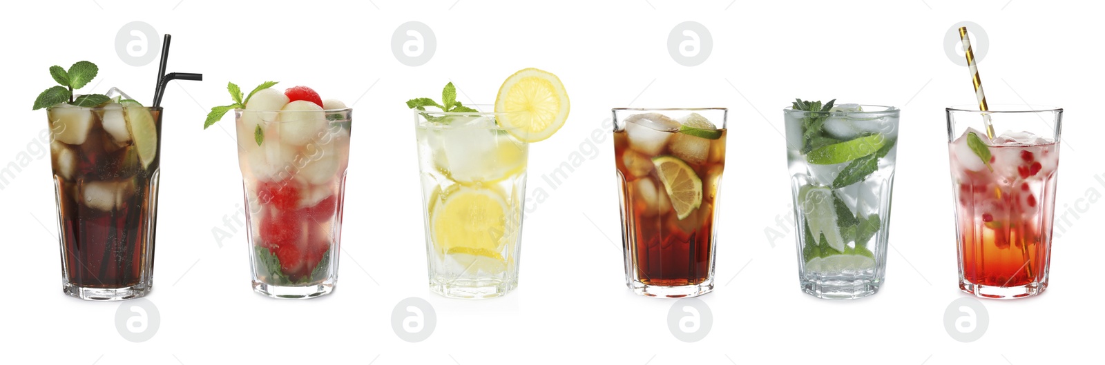Image of Set with different refreshing cocktails on white background. Banner design