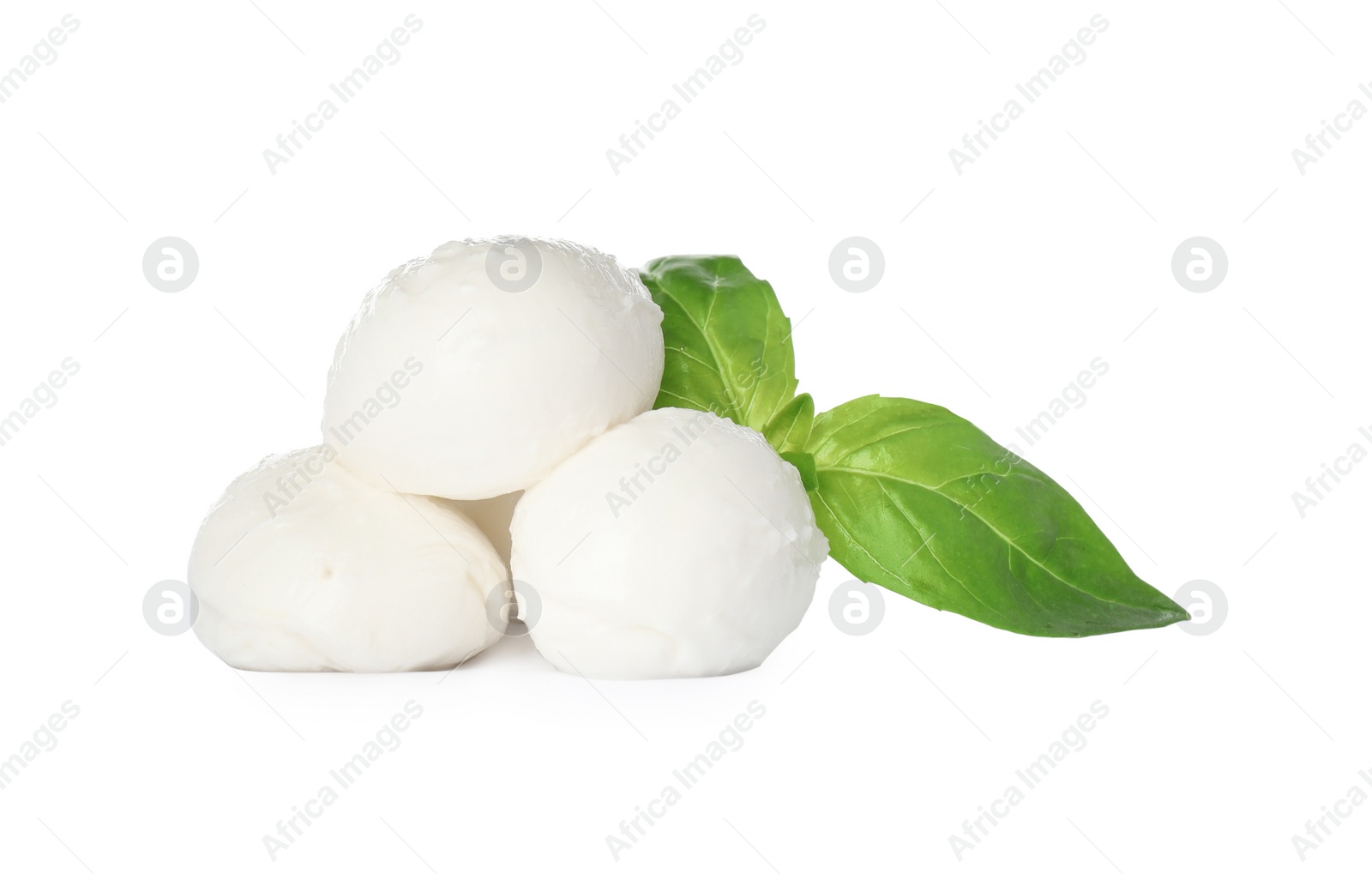 Photo of Delicious mozzarella cheese balls and basil on white background