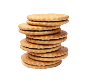 Photo of Stack of tasty sandwich cookies isolated on white