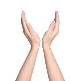 Woman against white background, closeup on hands