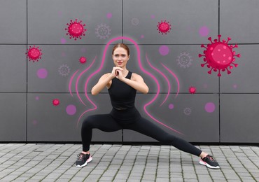 Woman with strong immunity doing exercise outdoors. Outline around her blocking viruses, illustration