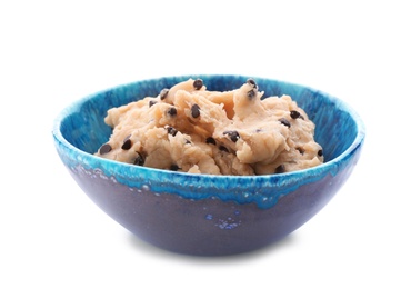 Photo of Cookie dough with chocolate chips in bowl on white background