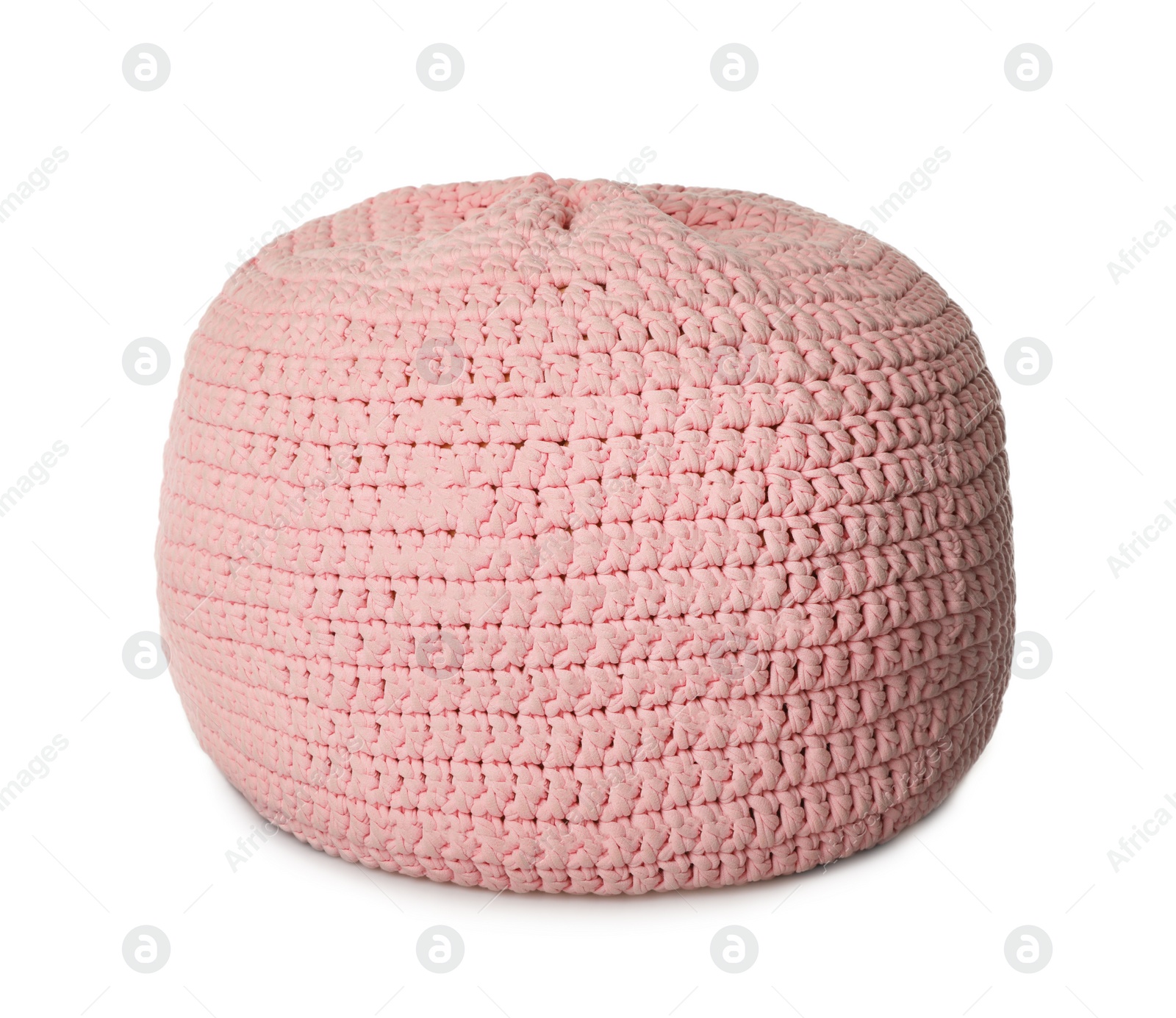 Photo of Stylish pink knitted pouf isolated on white