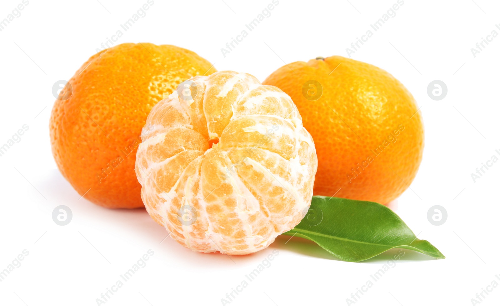 Photo of Tasty ripe tangerines on white background. Citrus fruit