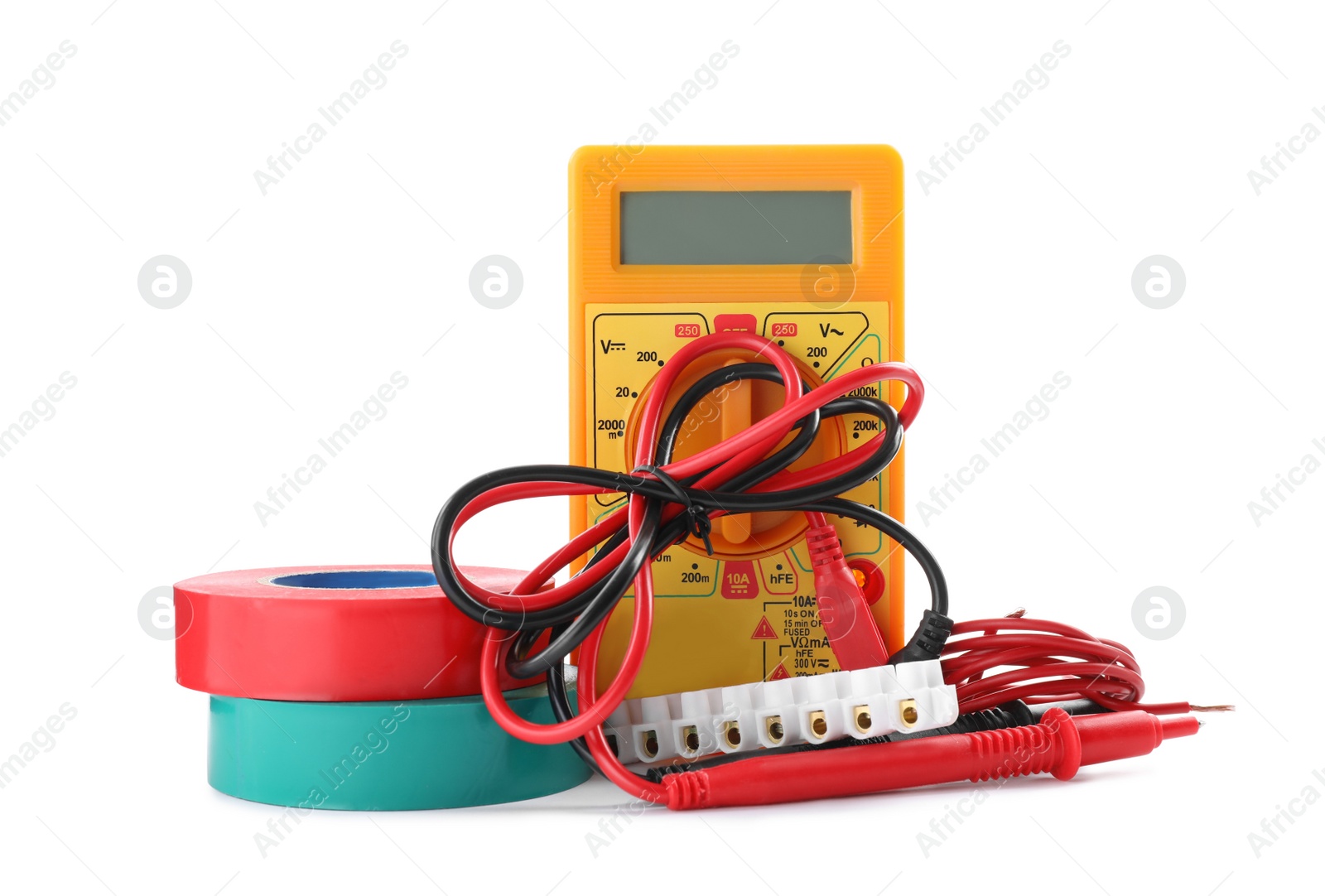 Photo of Set of electrician's accessories on white background