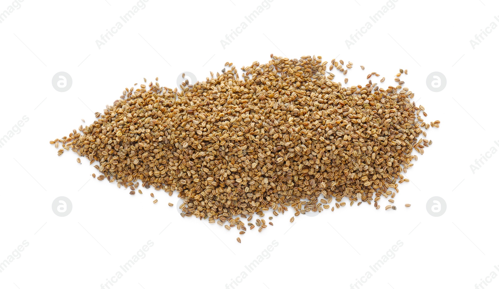 Photo of Pile of celery seeds isolated on white, top view