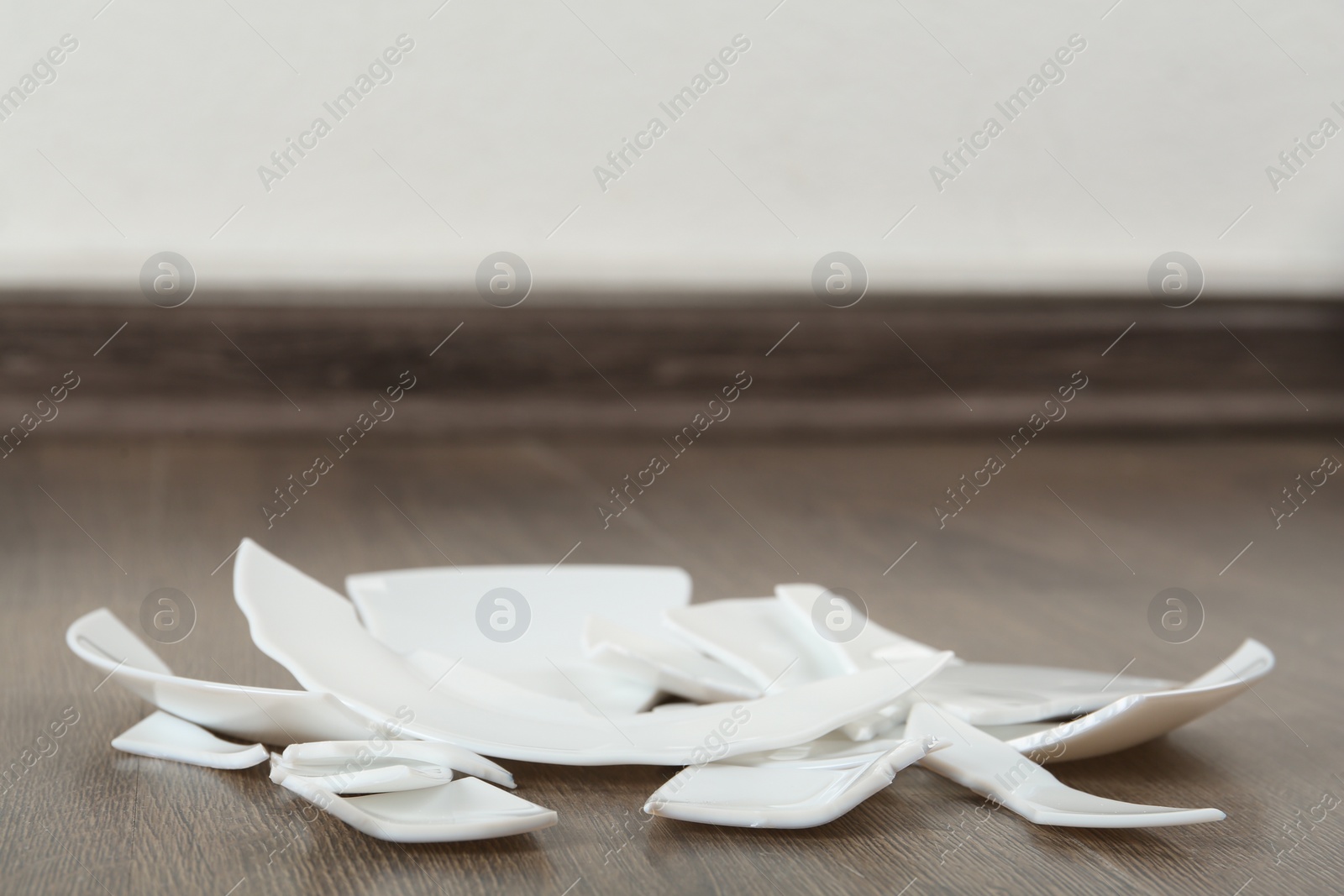 Photo of Pieces of broken ceramic plate on wooden floor indoors, space for text