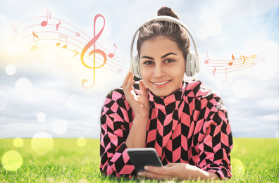 Young woman listening to music with headphones outdoors. Bright notes illustration