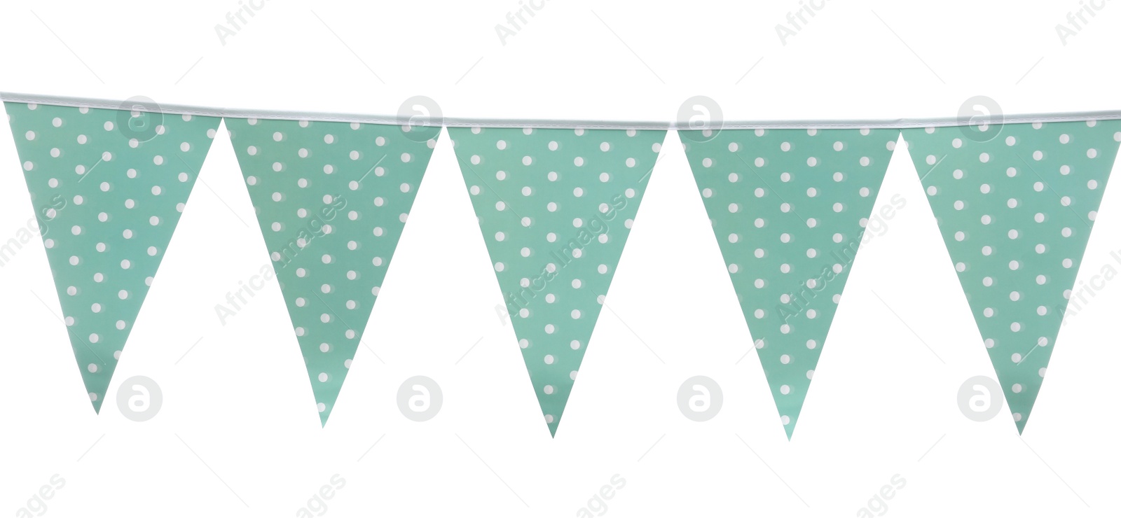 Photo of Triangular bunting flags on white background. Festive decor