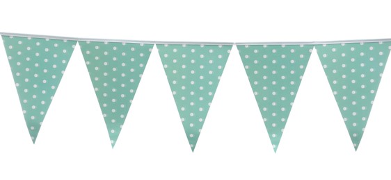 Photo of Triangular bunting flags on white background. Festive decor