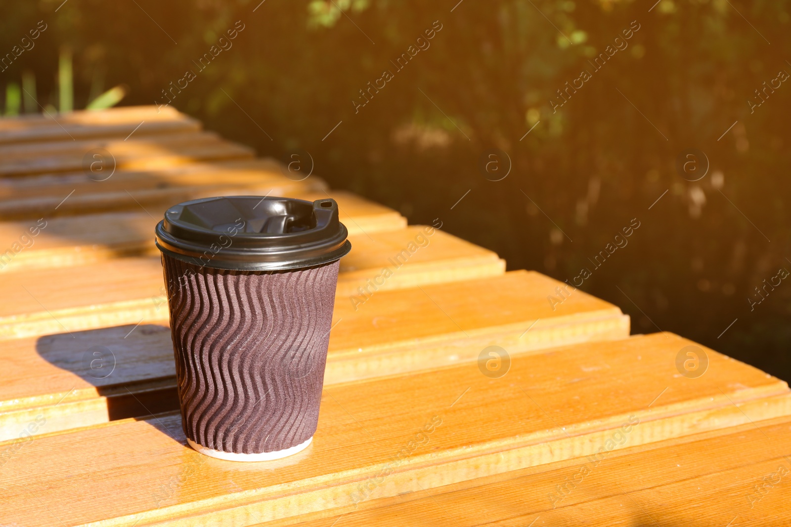 Photo of Cardboard coffee cup on wooden bench outdoors. Space for text