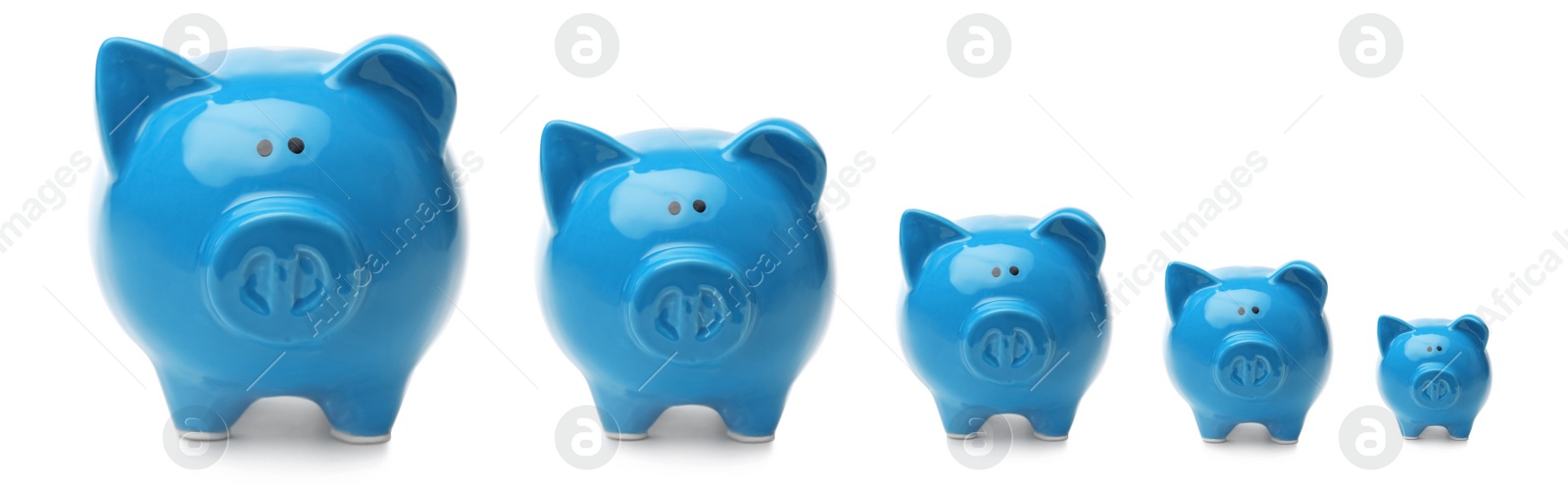 Set with blue piggy banks on white background. Banner design Image of Set with blue piggy banks on white background. Banner design