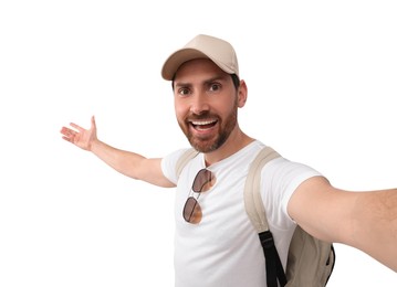 Photo of Smiling man taking selfie on white background