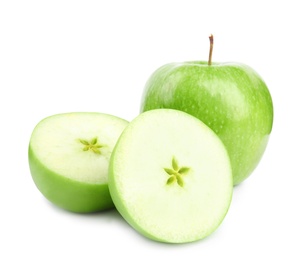 Photo of Fresh ripe green apples on white background