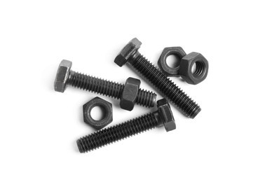 Photo of Metal bolts and nuts on white background, top view