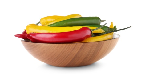 Bowl with ripe chili peppers on white background