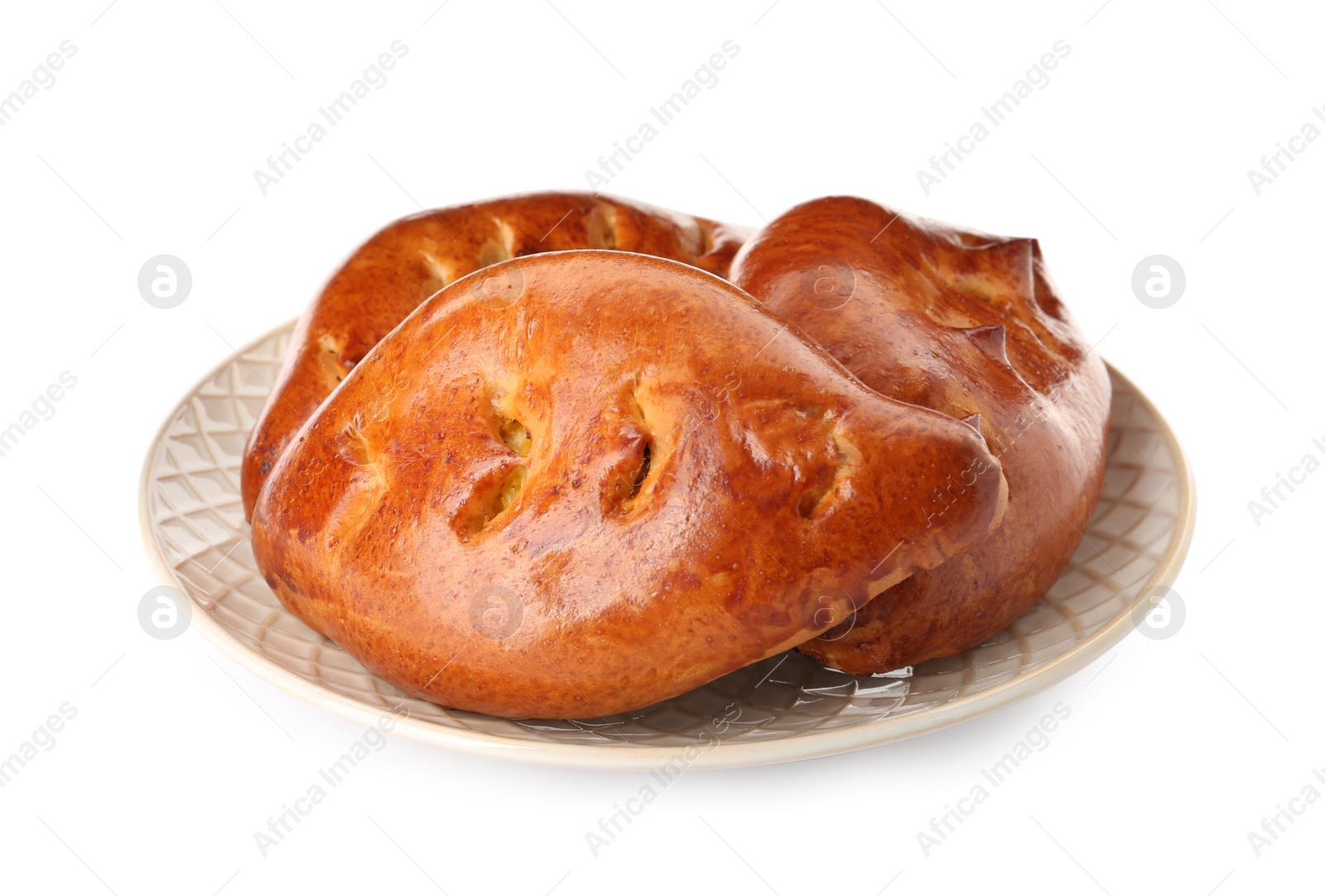 Photo of Plate with delicious baked patties on white background