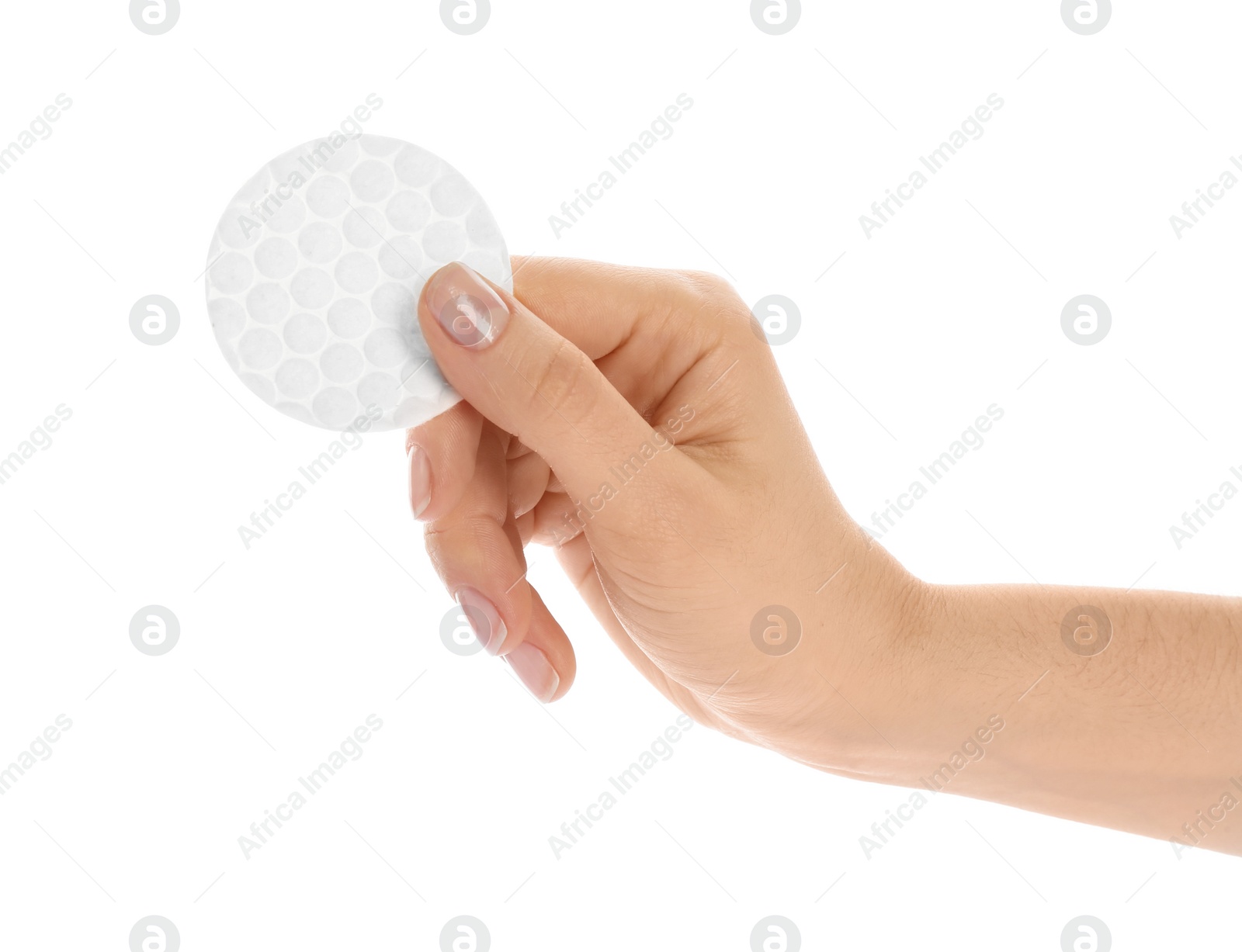 Photo of Woman holding cotton pad on white background, closeup