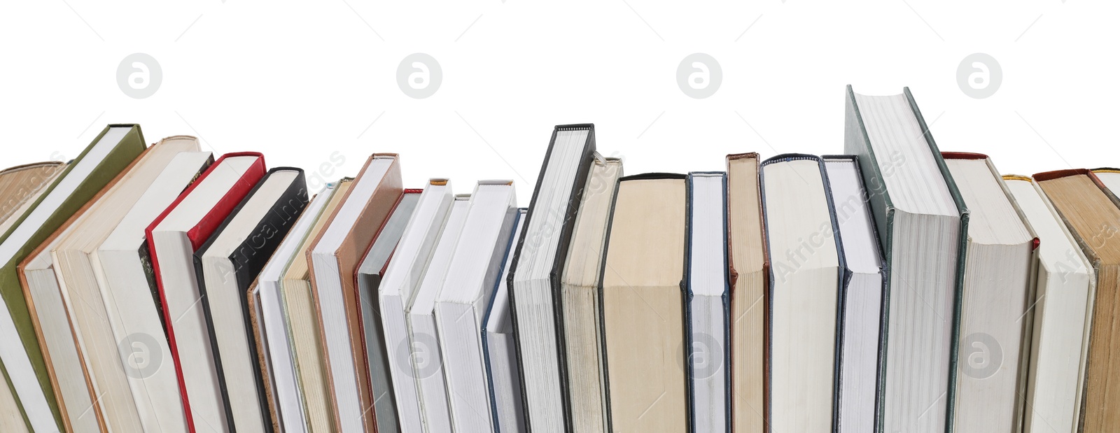 Photo of Many different hardcover books isolated on white